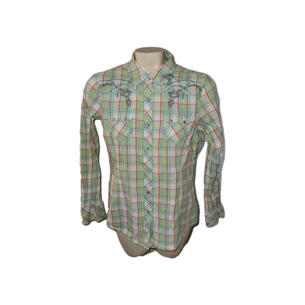 ARIAT Western Plaid Embroidered‎ Long Sleeve Pearl Snap Shirt  Blouse M Cowgirl